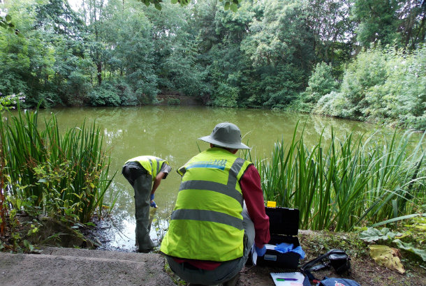 Volunteer group Friends of Apley Woods testing water quality in Apley