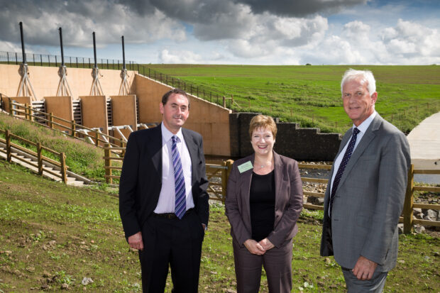 The dam limits the flow of water in to the Wansbeck. Here I am with Environment Agency Chairman Sir Philip Dilley and Environment Manager Alan Cadas. 