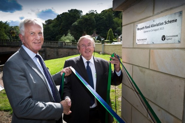 Cllr Ian Swithenbank of Northumberland County Council and Sir Philip Graham Dilley is the chairman of the Environment Agency opening the Morpeth Flood Alleviation Scheme 