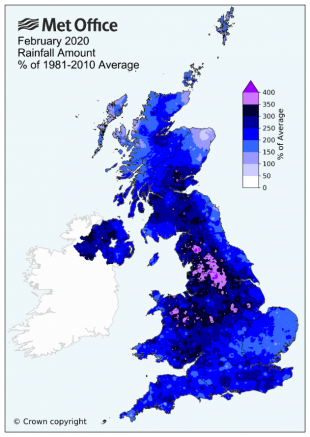 Map of the UK showing rainfall over 200% for most areas