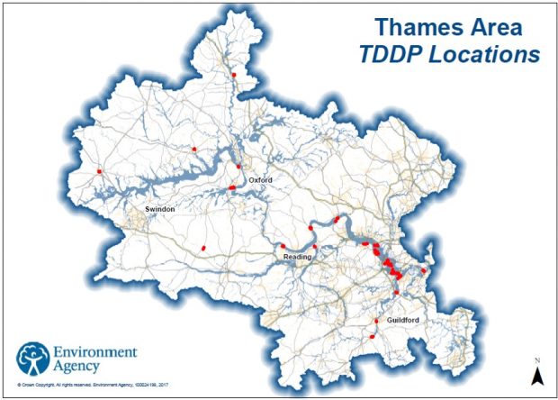 map of locations for temporary barrier deployment along the Thames