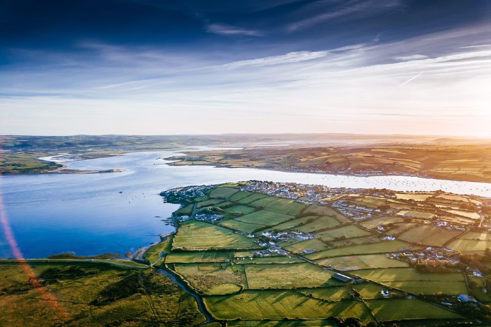 View of landscape- water and green fields- from above