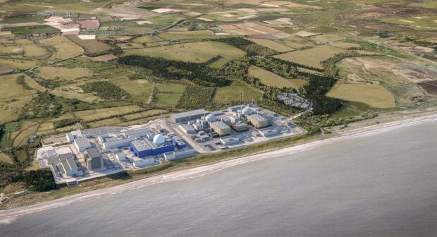 Graphic showing Sizewell C alongside Sizewell B and A from the air (Copyright EDF – Sizewell C)