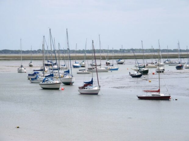 View of a number of moored yachts on the Solent at low tide. Credit: Louise MacCallum