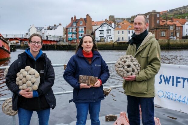 The image shows Matt Machouki, project lead for Groundwork North East on the right, with Ana Cowie, Marina Pollution Officer for Yorkshire Wildlife Trust on the left and Allison Pierre, Environment Agency project lead in the centre. They are standing on a pontoon in Whitby Harbour, holding some of the new man-made habitat features. 