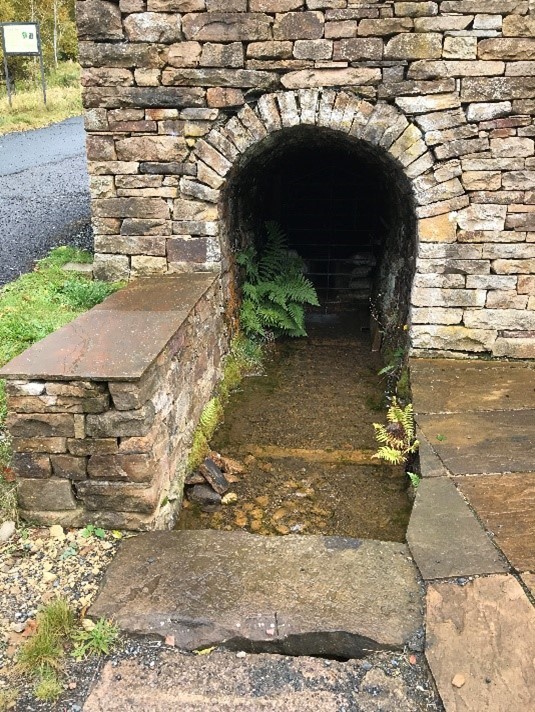 Photograph showing contaminated water flowing out of an old mine entrance built more than one hundred years ago. 