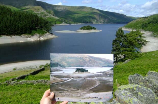 Picture of Haweswater with an additional photo showing drought conditions in 1995