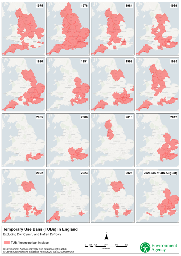 A series of maps showing where droughts have happened in England from 1975 to 2026. Drought affected areas are shaded in red. 