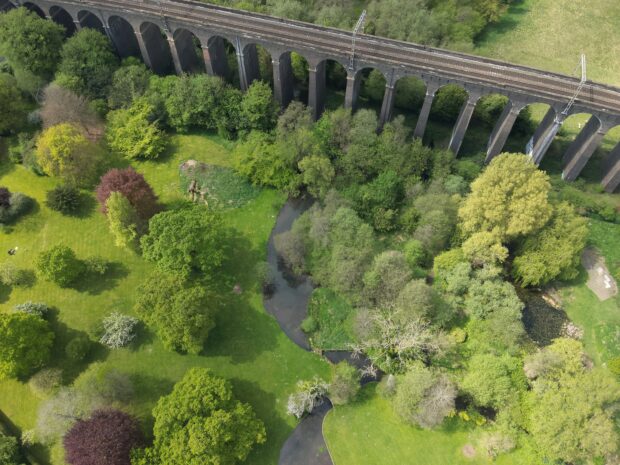 Drone footage of the River Mimram flowing underneath Digswell railway viaduct.