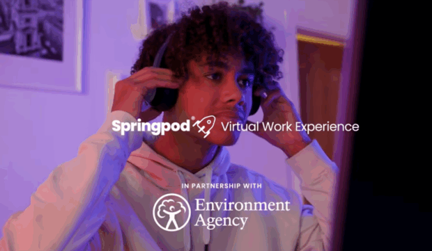 Photo shows child looking at computer screen with headphones on. Text is overlayed on the image and states 'Springpod Virtual Work Experience - IN PARTNERSHIP WITH Environment Agency