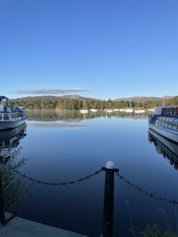 Lake Windermere, Cumbria on a bright day with blue skies. 