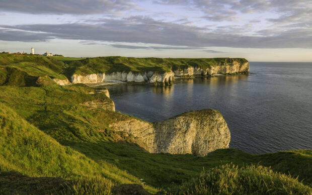 Cliffs on the east Yorkshire coast at sunset .