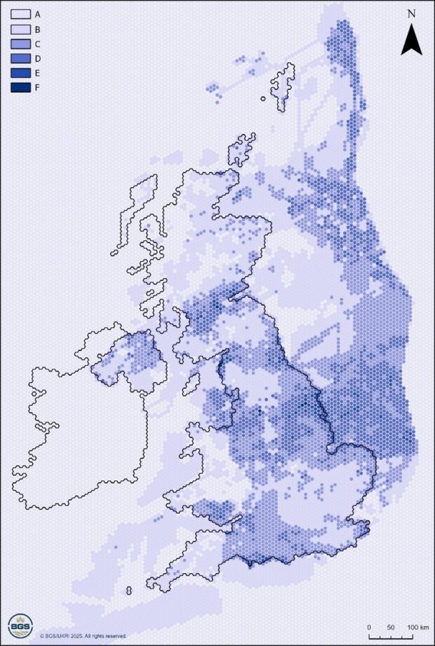 A map of Great Britain showing where subsurface technologies have potential to be located. The east, north east, Cheshire Basin, and Wessex Basin are shown as having the highest potential.
