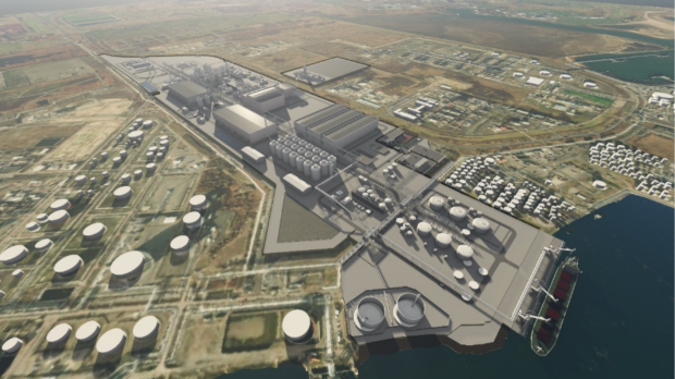 Computer generated graphic of a green fuels production site. 