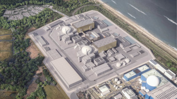 Computer generated aerial graphic of Sizewell C alongside existing Sizewell B.
