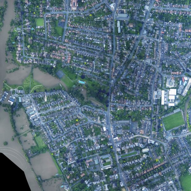 A view of a flooded town from the air. 