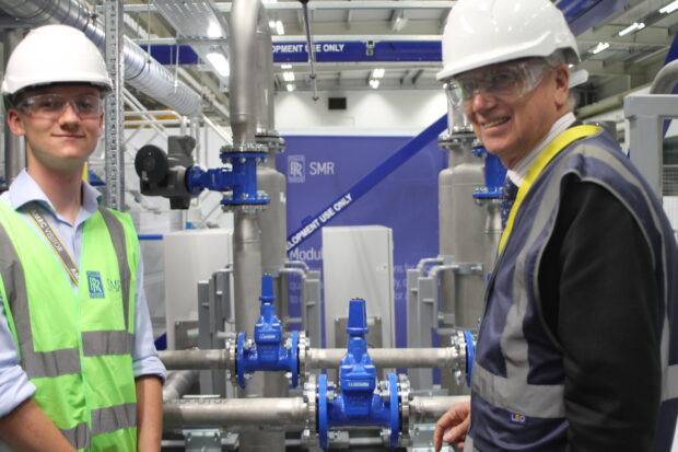 Environment Agency Chair Alan Lovell pictured inside a module with RR-SMR engineer.