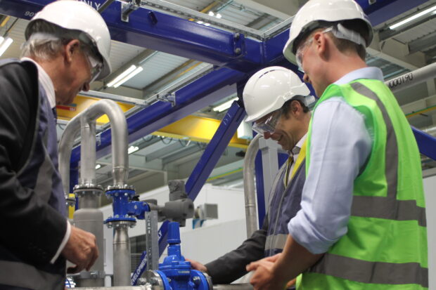 Environment Agency chairman Alan Lovell pictured inside a module with a Rolls Royce SMR engineer and Andy Pynn.