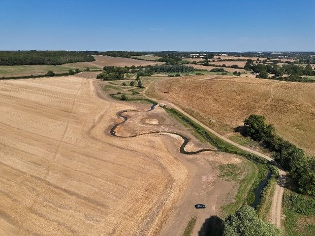 Aerial shot showing new route of River Rib, it is more curved than before.